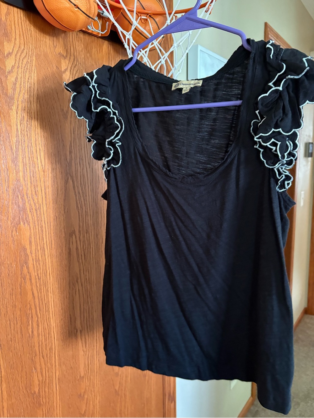 Democracy Black Tank Top with Contrasting Ruffle Sleeves